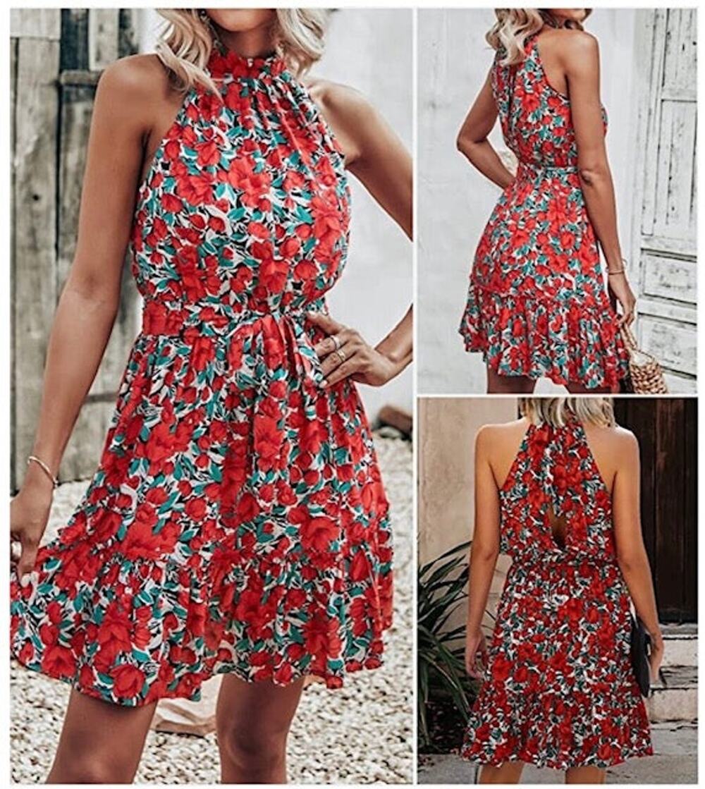 BTFBM Floral Red Halter Neck Dress SzL NWT
